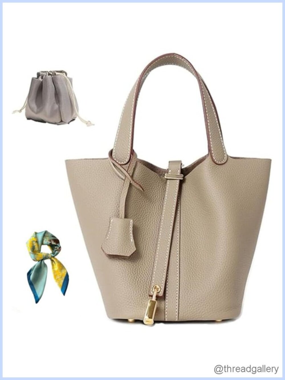 Genuine Leather Bucket Bag Women Lock Design Shoulder Handbag Top-Handle Tote